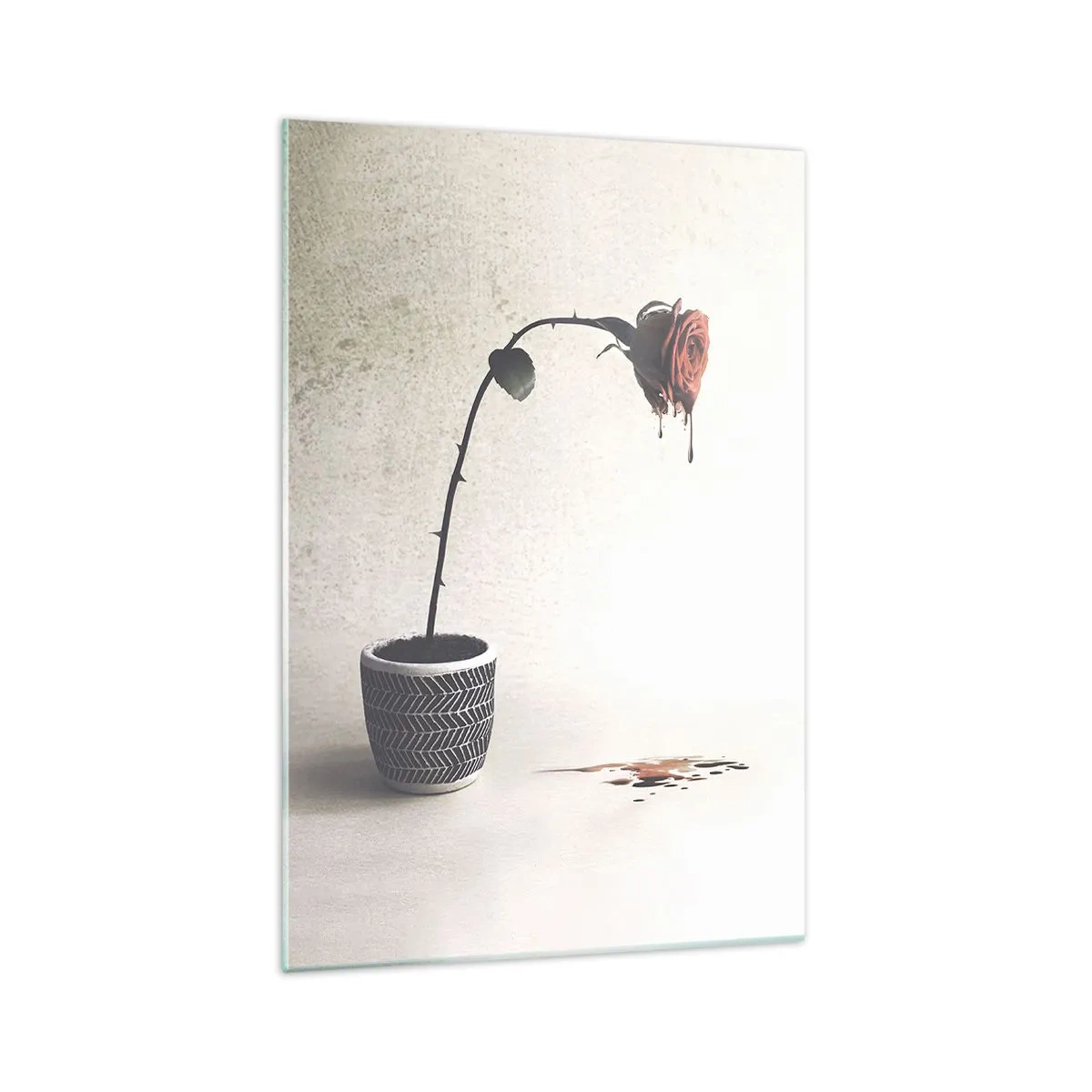 Glasbild - Bild auf glas - Eine rote Rose in einem Topf mit Farbtropfen auf weißem Hintergrund - 70x100cm - Rosa dolorosa - Moderne Wanddekoration für Wohnzimmer und Schlafzimmer ARTTOR