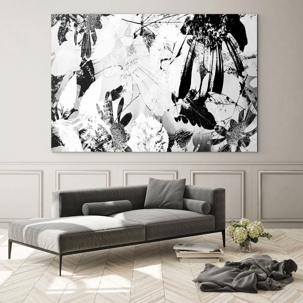 Glasbild - Bild auf glas - Schwarz-weißes Blumenarrangement im künstlerischen Stil - 120x80cm - Herbst negativ - Moderne Wanddekoration für Wohnzimmer und Schlafzimmer ARTTOR