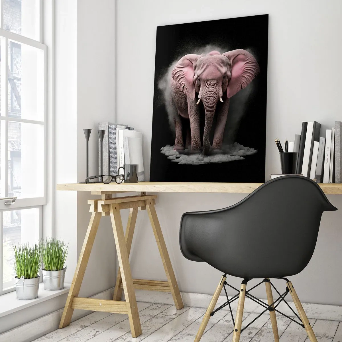 Glasbild - Bild auf glas - Ein rosa Elefant auf schwarzem Hintergrund, umgeben von einer Staubwolke. - 50x70cm - Denke nicht an einen rosa Elefanten! - Moderne Wanddekoration für Wohnzimmer und Schlafzimmer ARTTOR