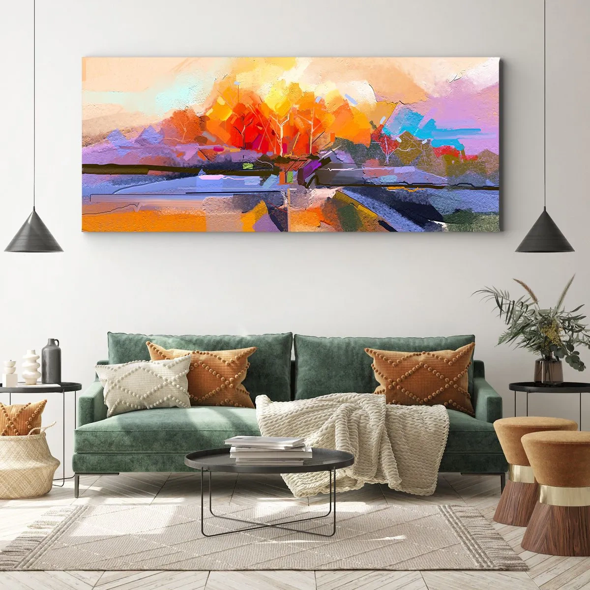 Bild auf Leinwand - Leinwandbild - Eine abstrakte Landschaft mit intensiven Herbstfarben. - 120x50cm - Der Herbst ist geworden - Moderne Wanddekoration für Wohnzimmer und Schlafzimmer ARTTOR