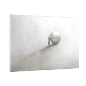 Glasbild - Bild auf glas - Eine minimalistische Silhouette eines Mannes mit einem großen Ball auf hellem Hintergrund. - 100x70cm - Das Spiel des Lebens - Moderne Wanddekoration für Wohnzimmer und Schlafzimmer ARTTOR