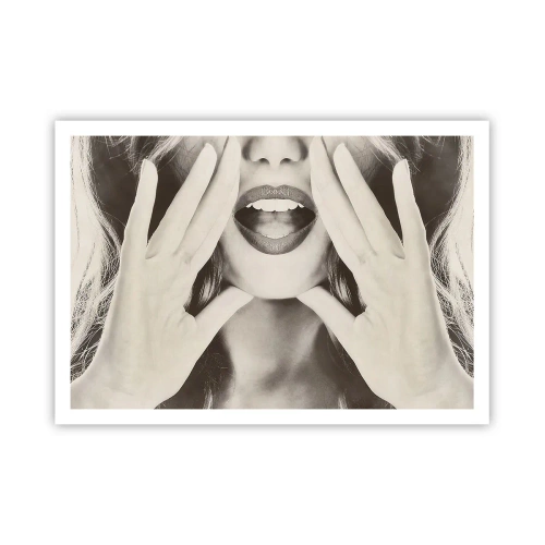 Poster - Schwarz-Weiß-Porträt einer Frau mit ausdrucksstarken Lippen und Händen - 100x70cm - Ich komme schon! - Moderne Wanddekoration für Wohnzimmer und Schlafzimmer ARTTOR