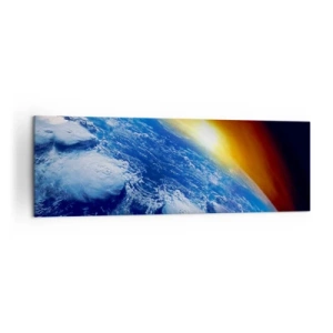 Bild auf Leinwand - Leinwandbild - Blick auf die Erde aus dem Weltraum bei Sonnenuntergang - 160x50cm - Sonnenaufgang über dem blauen Planeten - Moderne Wanddekoration für Wohnzimmer und Schlafzimmer ARTTOR