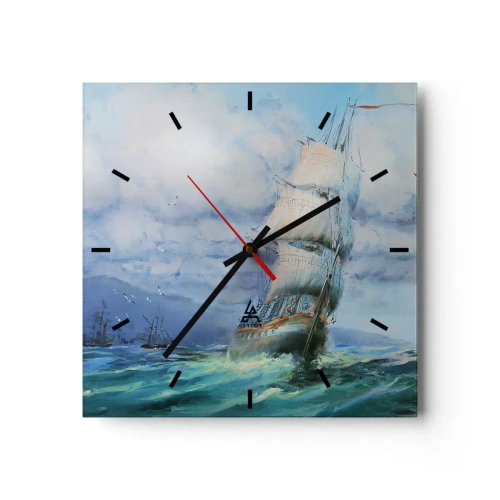 Wanduhr - Glasuhr - Ein Schiff auf stürmischer See - 30x30cm - Guter Wind - Moderne Wanddekoration für Wohnzimmer und Schlafzimmer ARTTOR