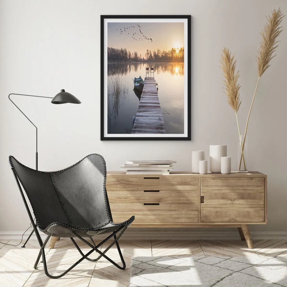 Poster in einem schwarzem Rahmen - Lakeside Pier bei Sonnenaufgang - 50x70cm - Ich komme nach einiger Zeit zurück - Moderne Wanddekoration für Wohnzimmer und Schlafzimmer ARTTOR