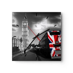 Wanduhr - Glasuhr - Big Ben und ein Bus mit britischer Flagge vor schwarz-weißem Hintergrund - 30x30cm - Stolz und toll - Moderne Wanddekoration für Wohnzimmer und Schlafzimmer ARTTOR