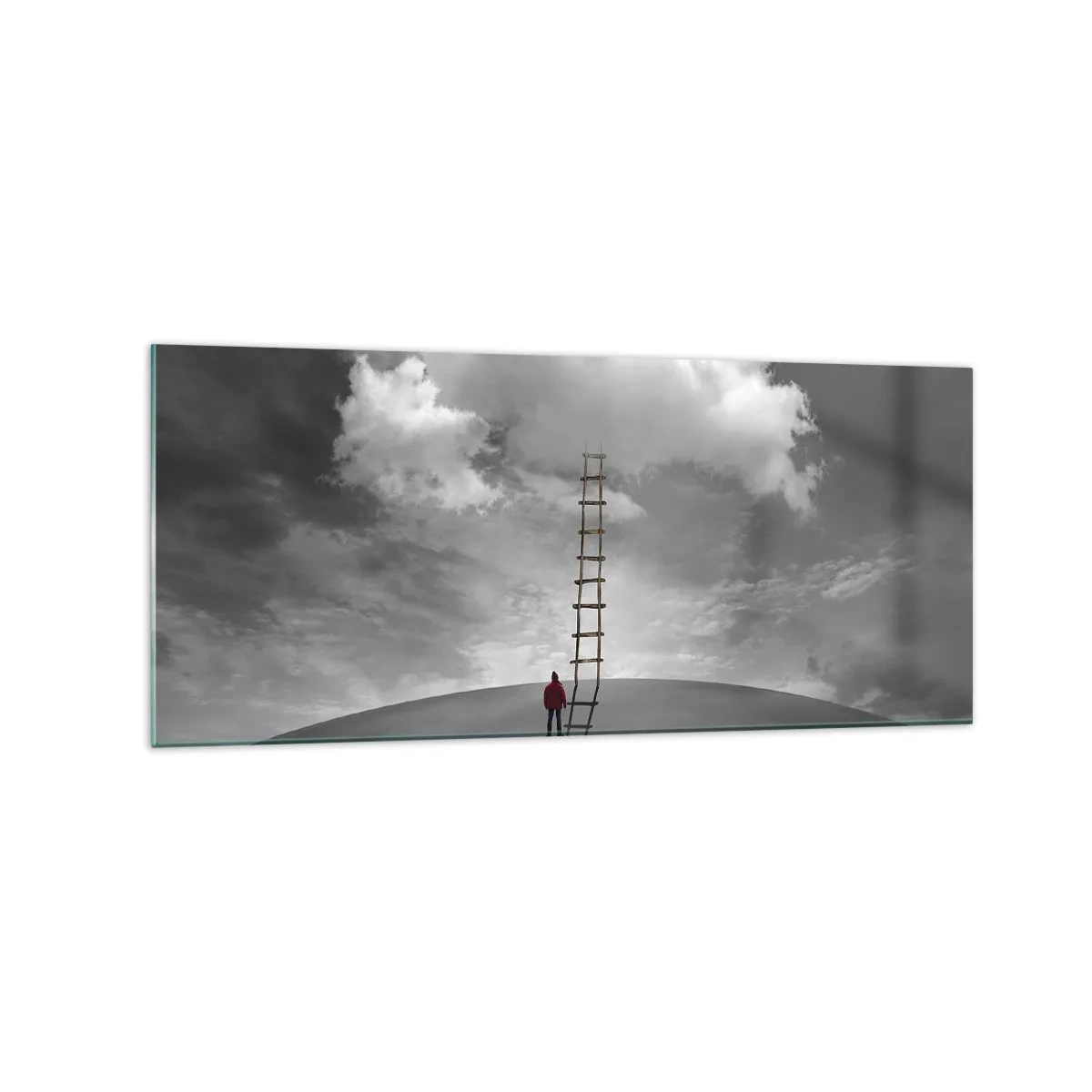 Glasbild - Bild auf glas - Eine Person in einem roten Mantel und eine Leiter, die zu einer Wolke führt - 120x50cm - Alles ist möglich - Moderne Wanddekoration für Wohnzimmer und Schlafzimmer ARTTOR