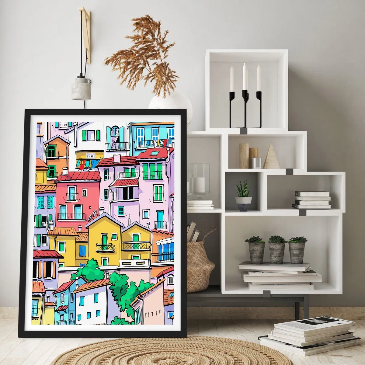 Poster in einem schwarzem Rahmen - Bunte Mietshäuser im illustrativen Stil - 50x70cm - Lustige Stadt - Moderne Wanddekoration für Wohnzimmer und Schlafzimmer ARTTOR