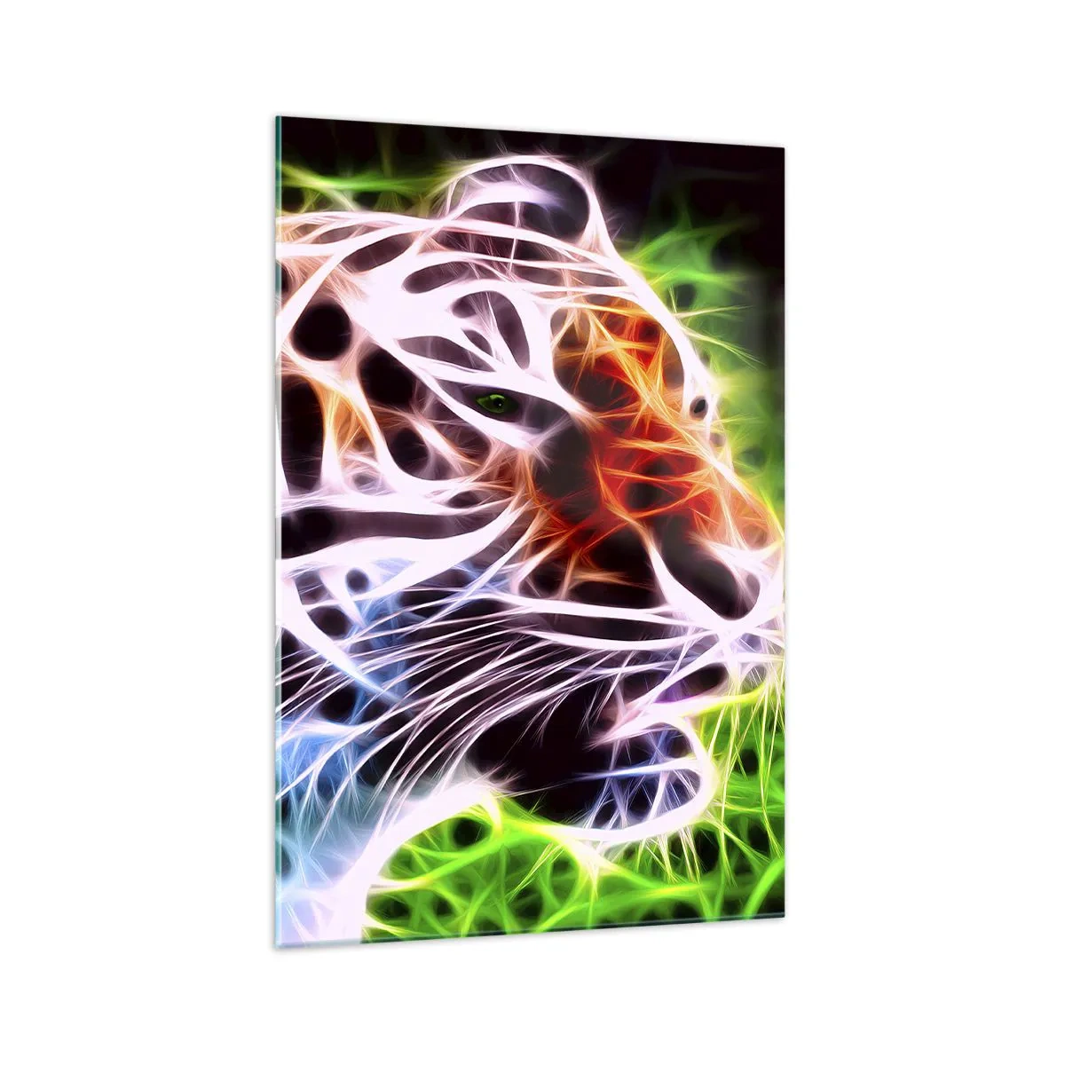 Glasbild - Bild auf glas - Farbenfrohes künstlerisches Porträt eines Tigers im Neonstil auf schwarzem Hintergrund. - 70x100cm - Schreckliche Aura - Moderne Wanddekoration für Wohnzimmer und Schlafzimmer ARTTOR