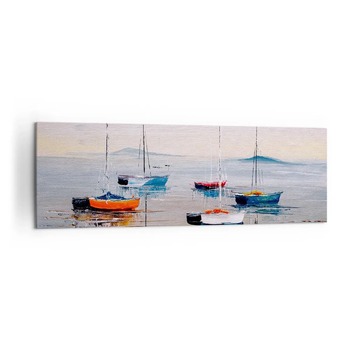 Bild auf Leinwand - Leinwandbild - Bunte Boote auf ruhigem Wasser - 160x50cm - Wohlverdiente Ruhe - Moderne Wanddekoration für Wohnzimmer und Schlafzimmer ARTTOR