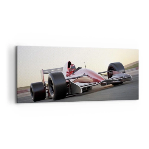 Bild auf Leinwand - Leinwandbild - Ein rotes Formel-1-Auto auf einer Rennstrecke während der Fahrt - 120x50cm - Immer der Gewinner - Moderne Wanddekoration für Wohnzimmer und Schlafzimmer ARTTOR