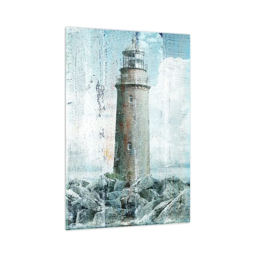 Glasbild - Bild auf glas - Ein Leuchtturm an einer felsigen Küste in Pastellfarben - 80x120cm - Auf altem Holz - Moderne Wanddekoration für Wohnzimmer und Schlafzimmer ARTTOR