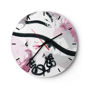 Wanduhr - Glasuhr - Ein elegantes Frauenporträt im schwarz-pinken Stil - 30x30cm - Bildnis einer Dame in Schwarz und Pink - Moderne Wanddekoration für Wohnzimmer, Küche und Schlafzimmer ARTTOR