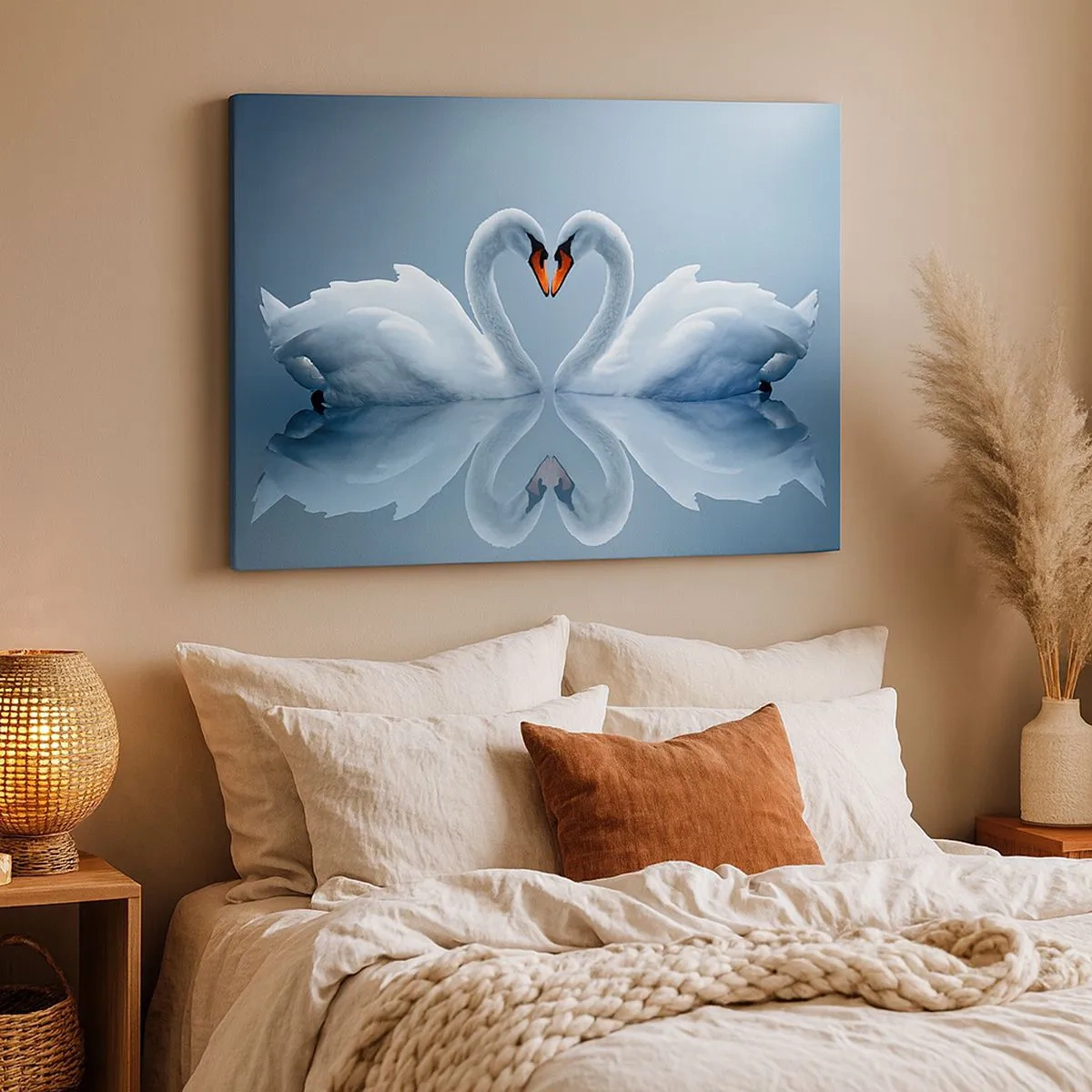 Bild auf Leinwand - Leinwandbild - Zwei Schwäne bilden ein Herz auf einer ruhigen Wasseroberfläche - 70x50cm - Zeit für die Liebe - Moderne Wanddekoration für Wohnzimmer und Schlafzimmer ARTTOR
