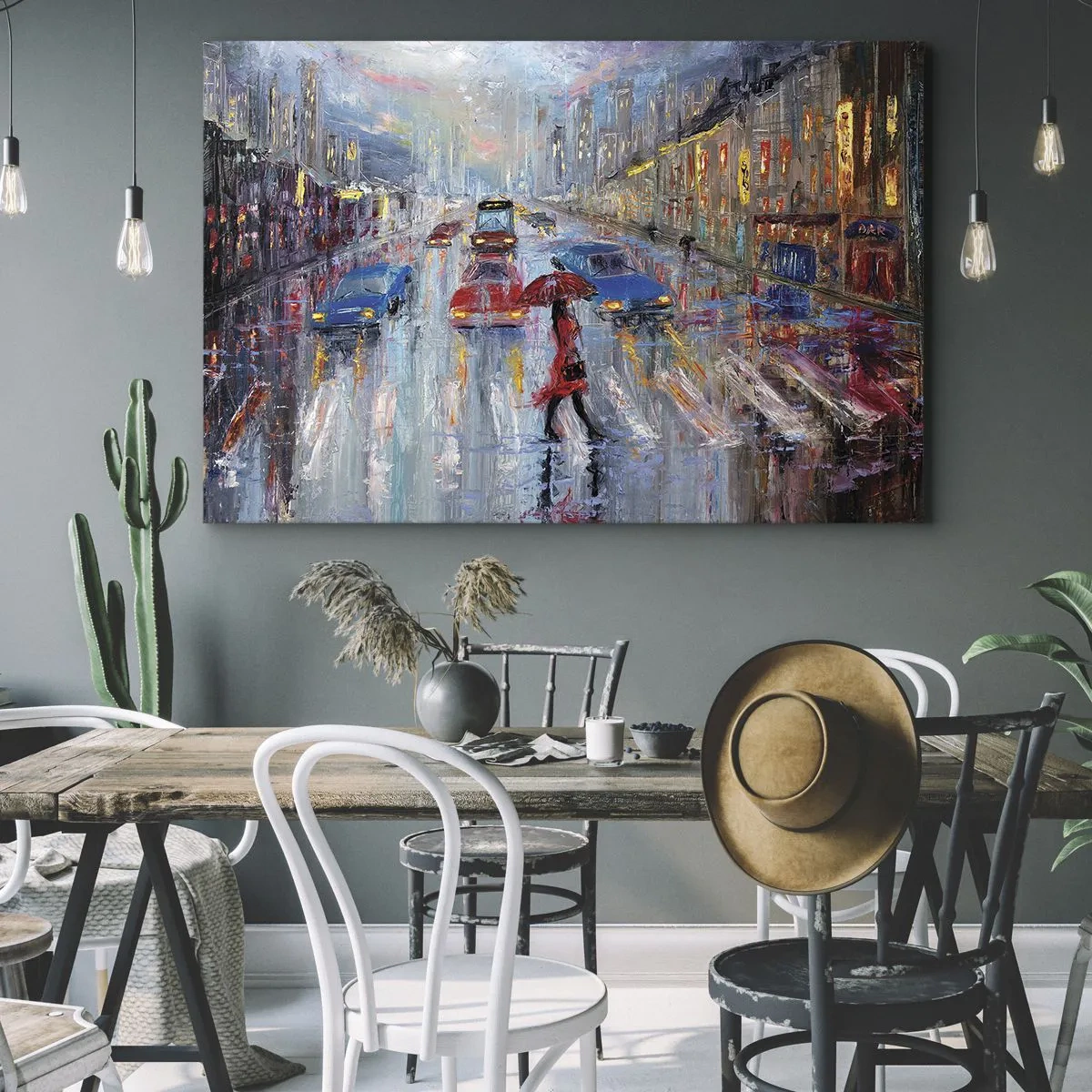 Bild auf Leinwand - Leinwandbild - Eine Frau mit einem Regenschirm auf einer verregneten Straße im Neonlicht. - 70x50cm - Regnerischer Nachmittag in der Stadt - Moderne Wanddekoration für Wohnzimmer und Schlafzimmer ARTTOR