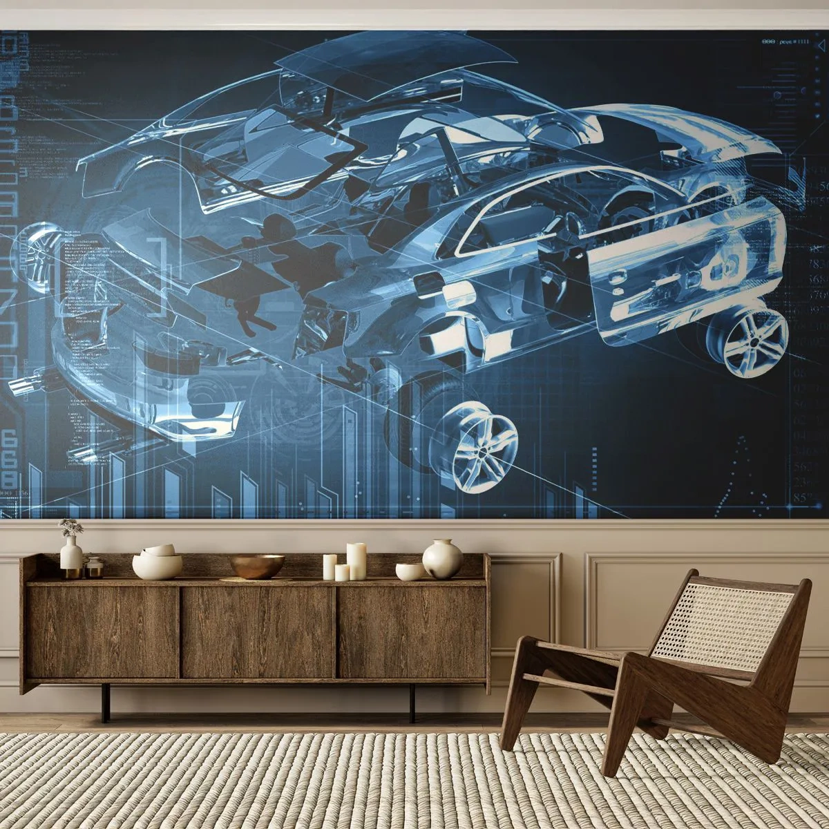 Fototapete Premium Sand - Ein holografisches Automodell mit Technologieelementen - 100x70cm - Technische Anatomie - Moderne Wanddekoration für Wohnzimmer und Schlafzimmer ARTTOR