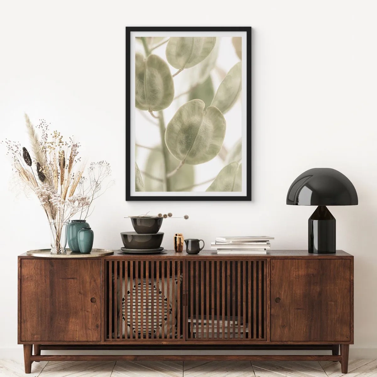 Poster in einem schwarzem Rahmen - Nahaufnahme von grünen Blättern im natürlichen Licht - 50x70cm - Am Anfang waren Blätter... - Moderne Wanddekoration für Wohnzimmer und Schlafzimmer ARTTOR