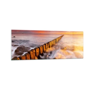 Glasbild - Bild auf glas - Eine malerische Landschaft am Meer bei Sonnenuntergang - 140x50cm - Die Sanftheit der Wellen - Moderne Wanddekoration für Wohnzimmer und Schlafzimmer ARTTOR