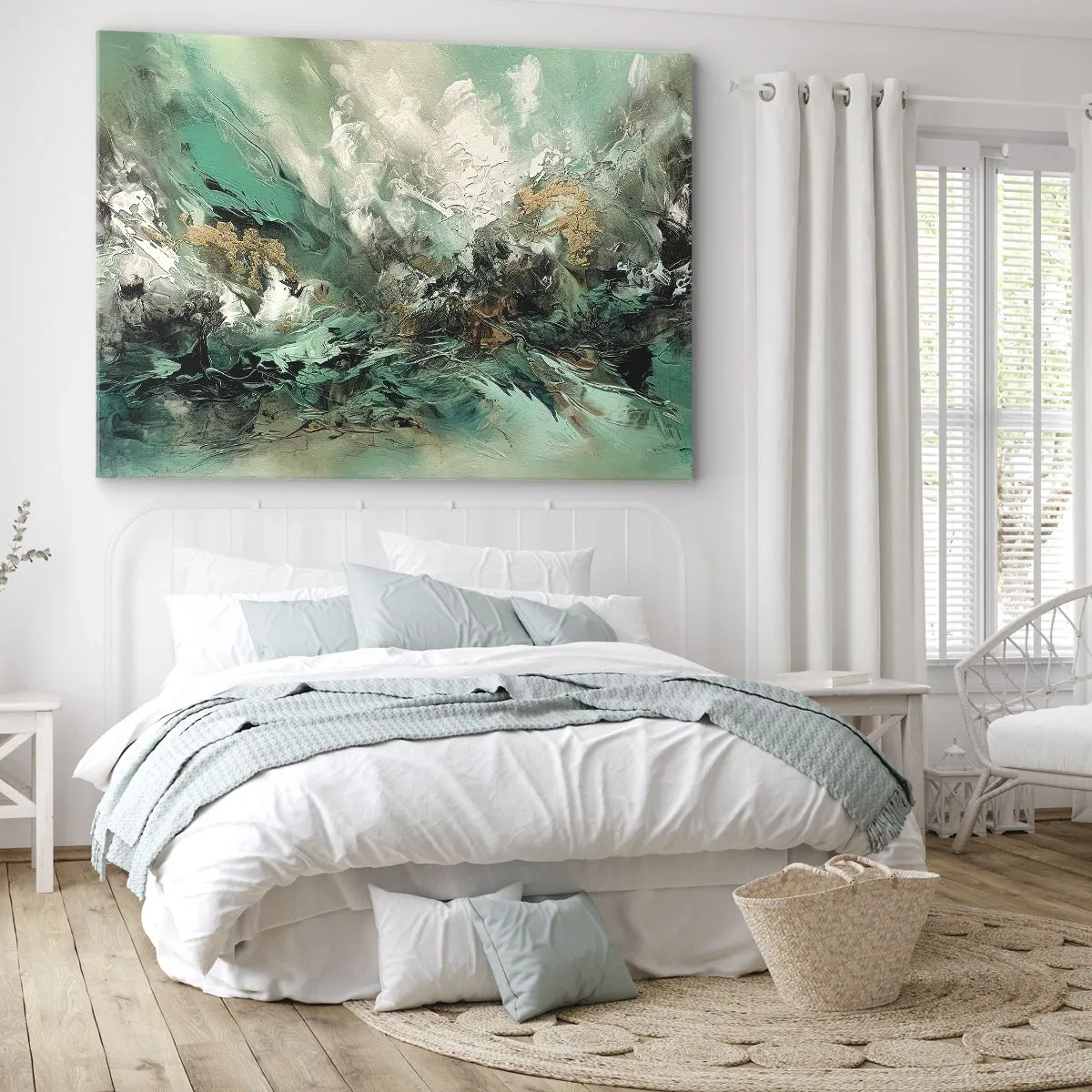 Bild auf Leinwand - Leinwandbild - Abstrakte Landschaft in Grün- und Goldtönen - 100x70cm - Smaragdgrüne und schwarze Brandung - Moderne Wanddekoration für Wohnzimmer und Schlafzimmer ARTTOR