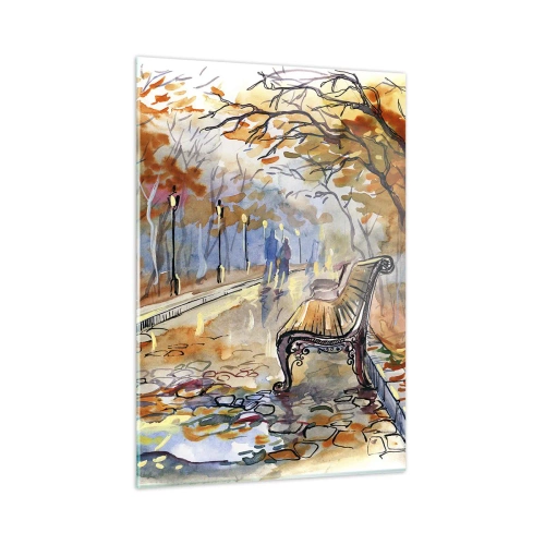 Glasbild - Bild auf glas - Eine herbstliche Allee mit einer Bank im künstlerischen Aquarellstil - 50x70cm - Gemeinsam im Herbst wandern - Moderne Wanddekoration für Wohnzimmer und Schlafzimmer ARTTOR