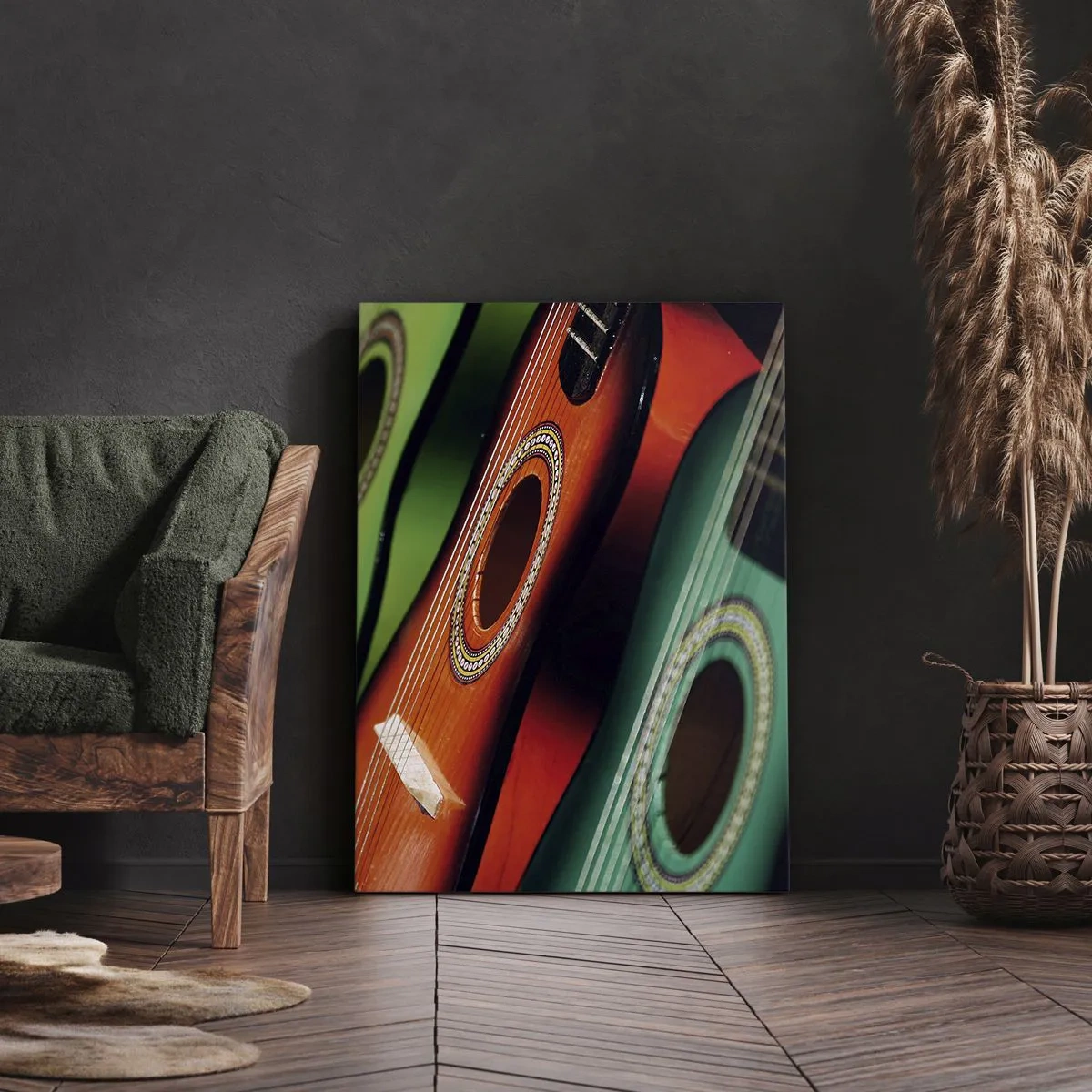 Bild auf Leinwand - Leinwandbild - Bunte Gitarren in verschiedenen Farbtönen in einer Reihe angeordnet - 80x120cm - Die Gitarre hat viele Farben - Moderne Wanddekoration für Wohnzimmer und Schlafzimmer ARTTOR