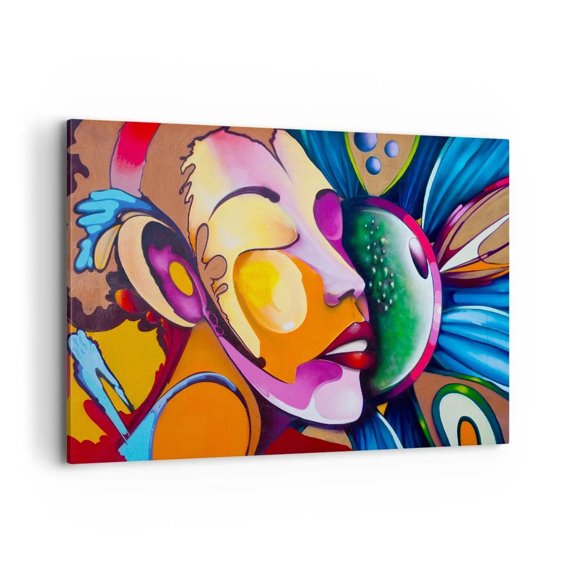 Bild auf Leinwand - Leinwandbild - Eine farbenfrohe Abstraktion mit einem Gesichtsmotiv in einer dynamischen Komposition - 120x80cm - Mit Farbe berühren - Moderne Wanddekoration für Wohnzimmer und Schlafzimmer ARTTOR