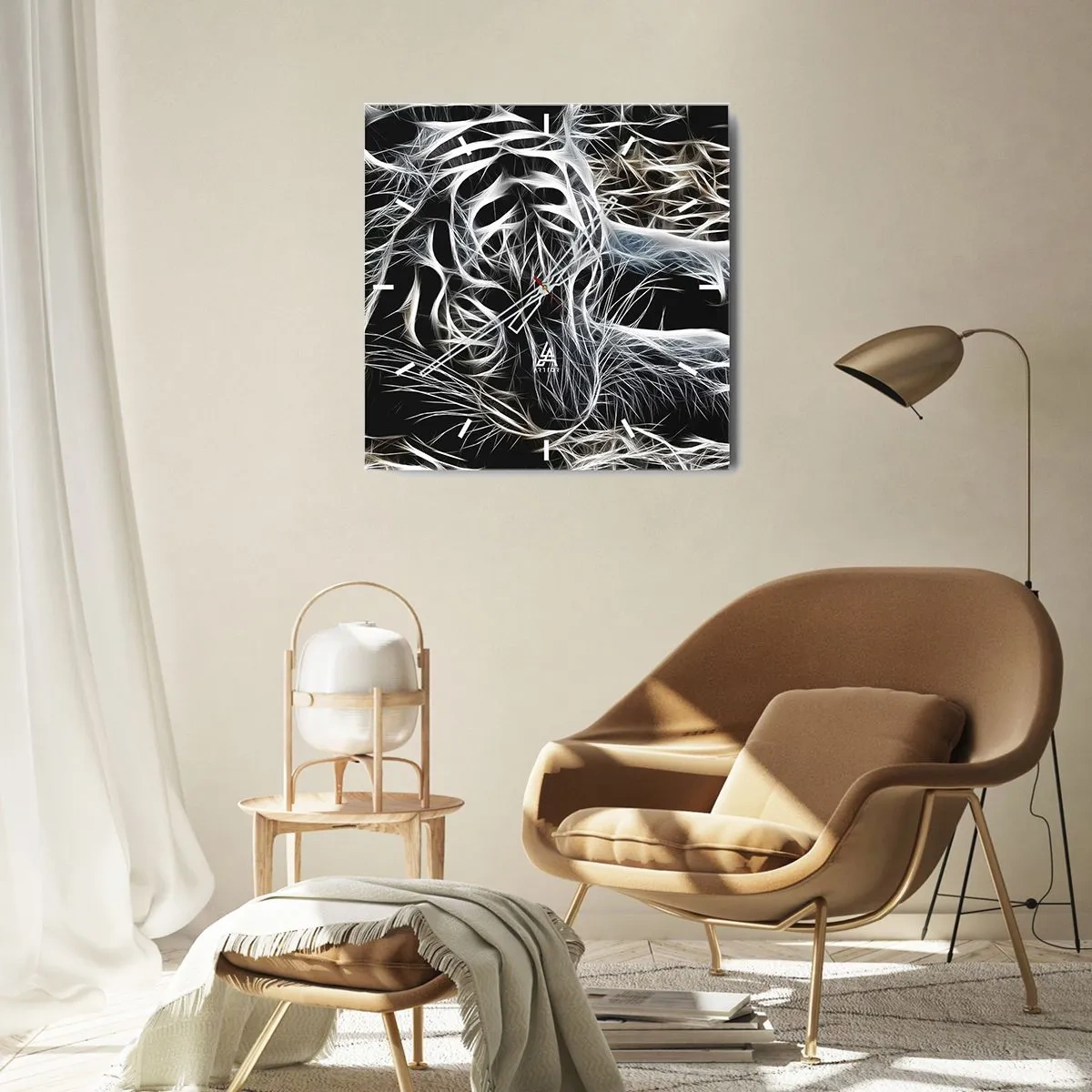 Wanduhr - Glasuhr - Ein abstraktes Muster, das die Silhouette einer Katze auf schwarzem Hintergrund darstellt. - 30x30cm - Eine Studie über die Leichtigkeit der Katze - Moderne Wanddekoration für Wohnzimmer und Schlafzimmer ARTTOR