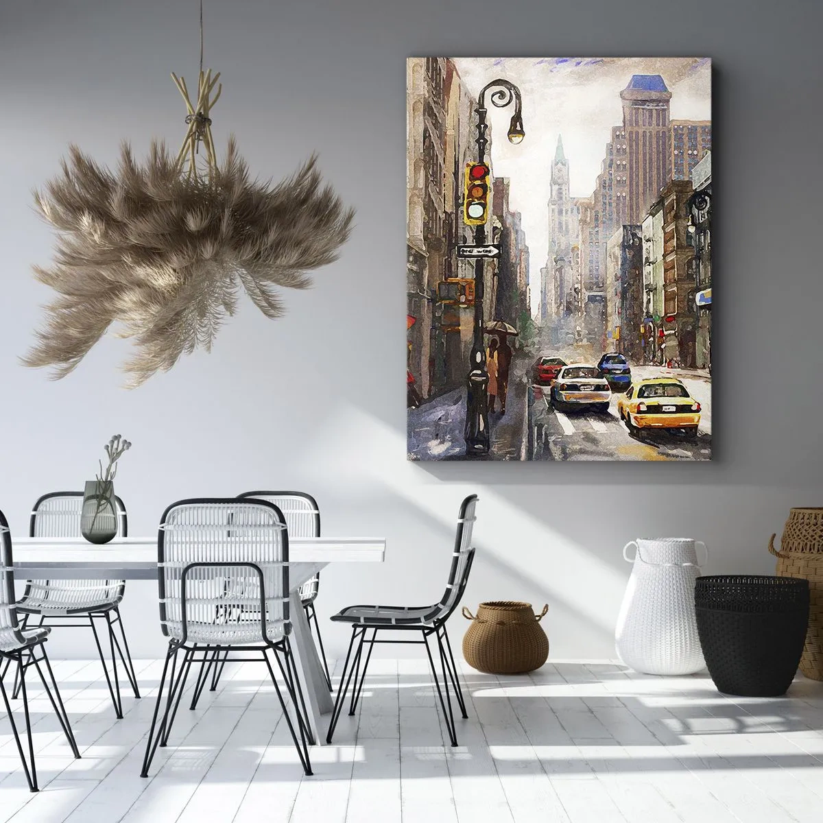 Bild auf Leinwand - Leinwandbild - Stadtbild mit einer Straße und gelben Taxis - 80x120cm - New York - auch im Regen bunt - Moderne Wanddekoration für Wohnzimmer und Schlafzimmer ARTTOR