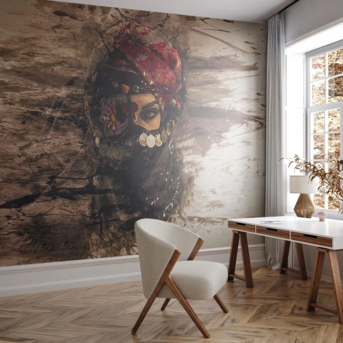 Fototapete Premium Canvas - Gelinde gesagt besorgniserregend - Abstraktion, Das Gesicht einer Frau, Orientalische Symbole - 150x105 cm