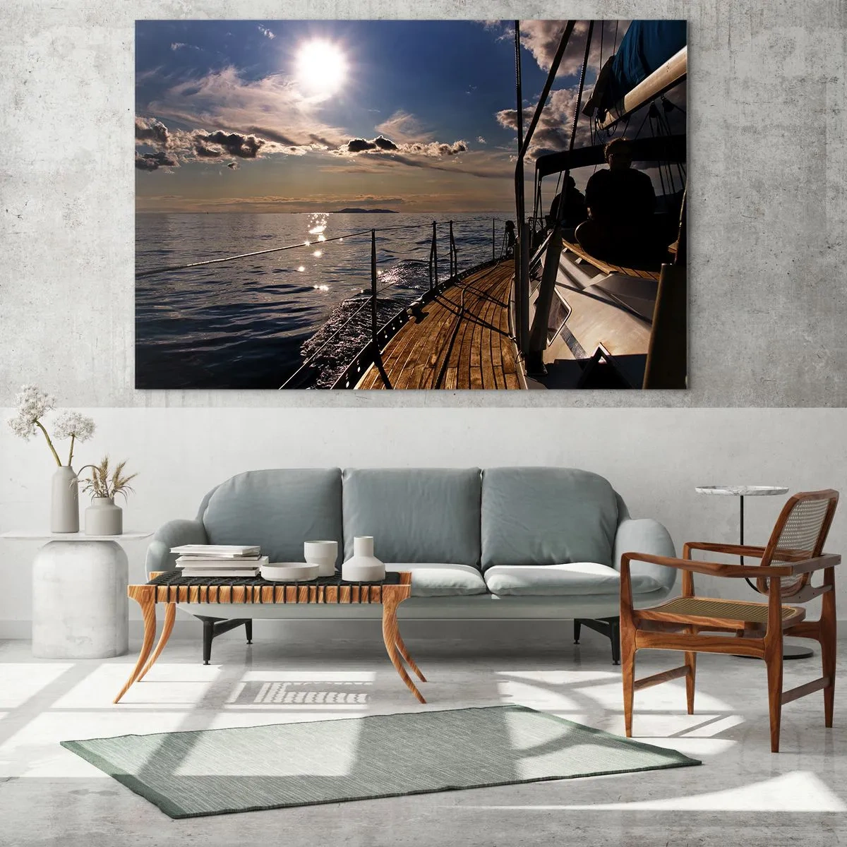 Glasbild - Bild auf glas - Eine Segelbootfahrt in den Sonnenuntergang - 120x80cm - Der Sonne entgegen segeln - Moderne Wanddekoration für Wohnzimmer und Schlafzimmer ARTTOR