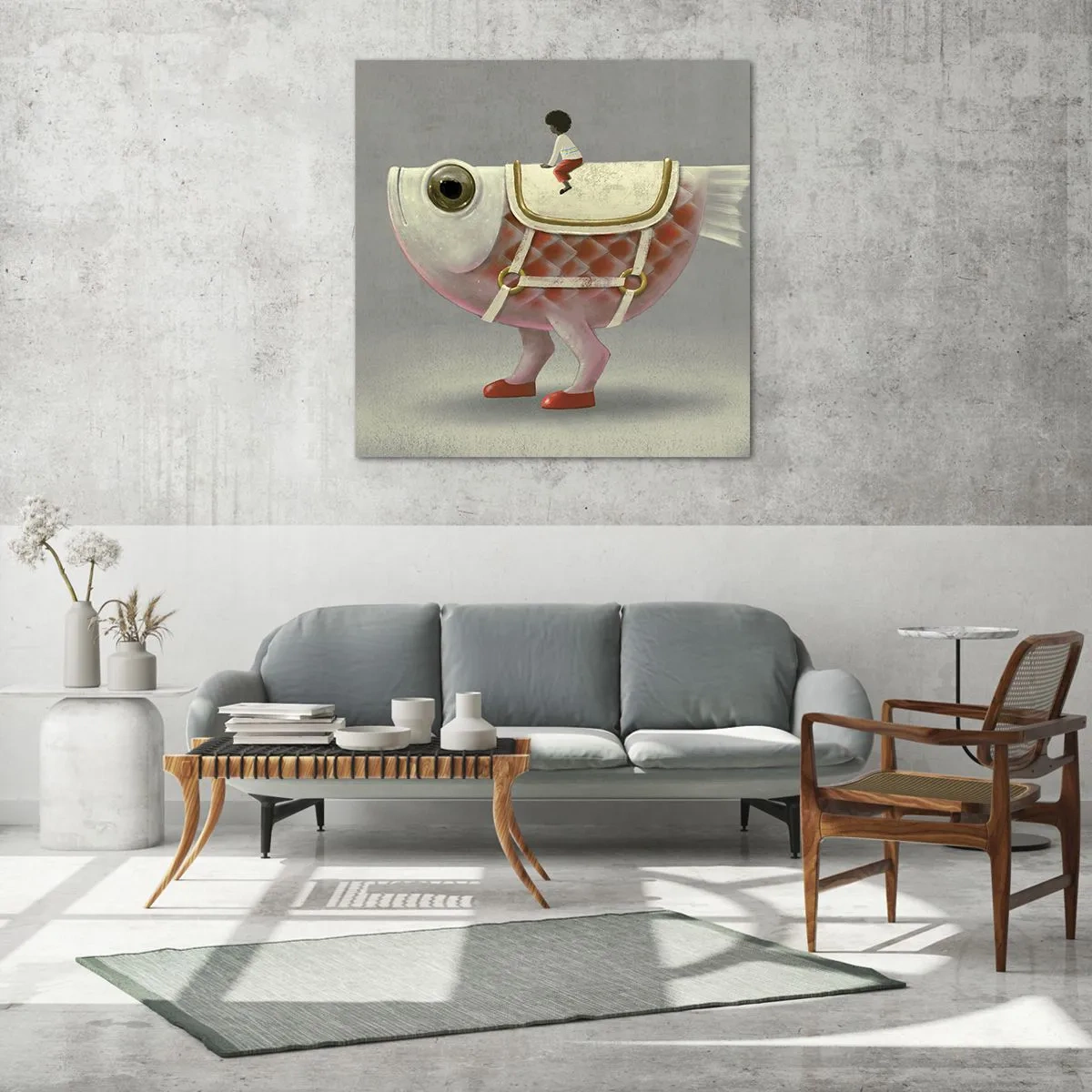 Glasbild - Bild auf glas - Reiter auf einem surrealen Fisch - 30x30 cm