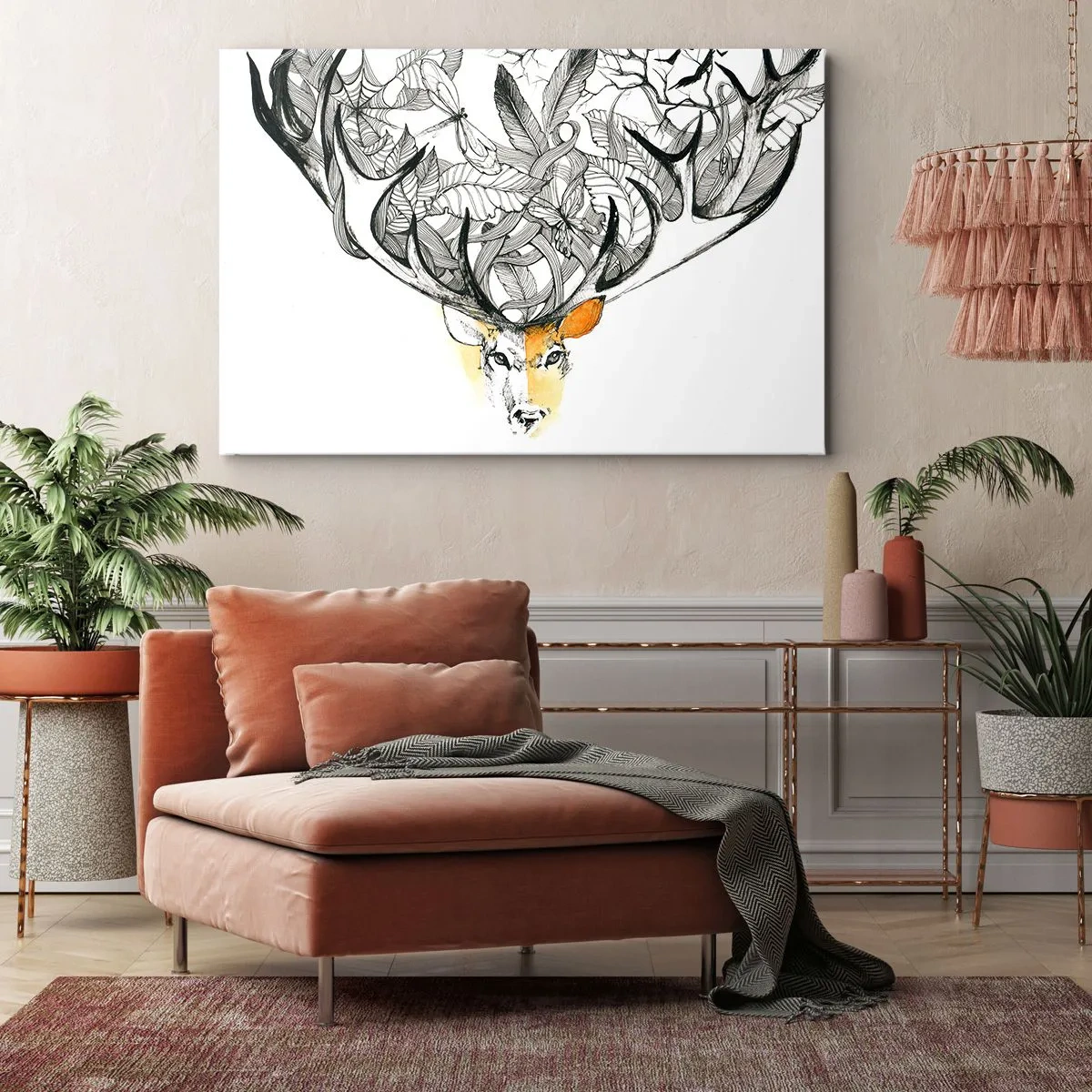 Bild auf Leinwand - Leinwandbild - Dezente Hirschgrafik mit dekorativem Geweih - 100x70cm - Ecken des Überflusses - Moderne Wanddekoration für Wohnzimmer und Schlafzimmer ARTTOR