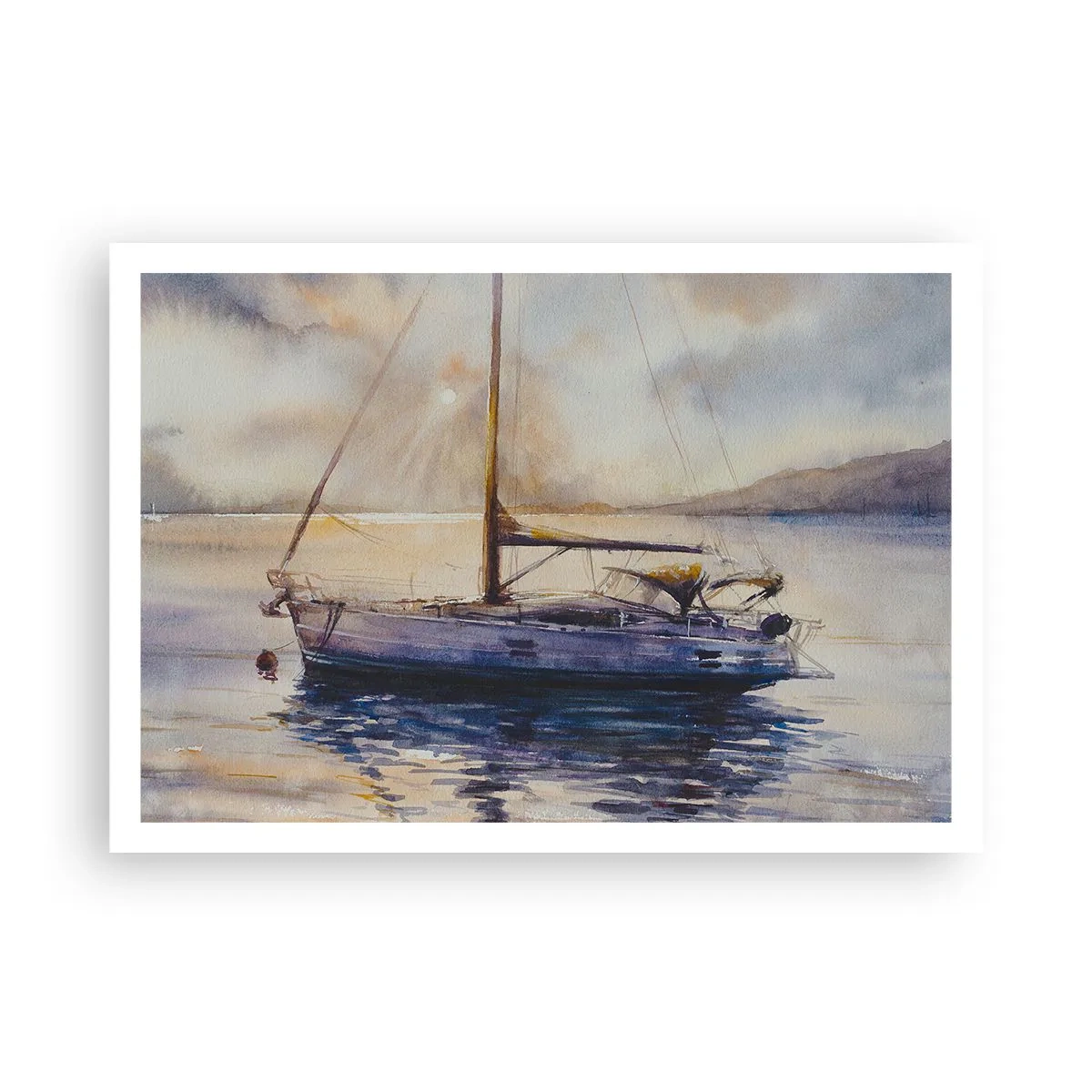 Poster - Eine Yacht auf ruhigem Meer bei Sonnenuntergang - 100x70cm - Abend in der Bucht - Moderne Wanddekoration für Wohnzimmer und Schlafzimmer ARTTOR