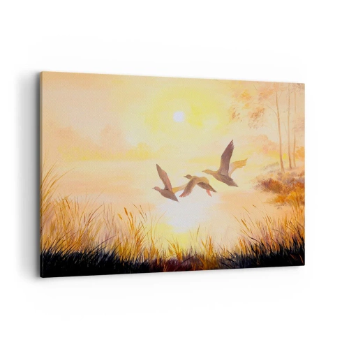 Bild auf Leinwand - Leinwandbild - Enten fliegen bei Sonnenaufgang über den See - 120x80cm - Der Beginn einer langen Reise - Moderne Wanddekoration für Wohnzimmer und Schlafzimmer ARTTOR