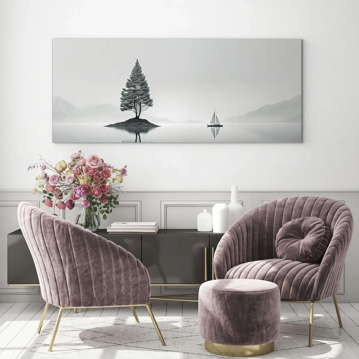 Glasbild - Bild auf glas - Eine minimalistische Landschaft mit einem Baum auf einer Insel und einem Segelboot. - 140x50cm - Traum - Moderne Wanddekoration für Wohnzimmer und Schlafzimmer ARTTOR