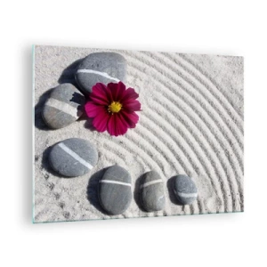 Glasbild - Bild auf glas - Steine mit weißen Streifen und einer lila Blume auf dem Sand im Zen-Stil - 70x50cm - Energie und Ruhe des Zauberkreises der Natur - Moderne Wanddekoration für Wohnzimmer und Schlafzimmer ARTTOR
