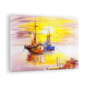 Glasbild - Bild auf glas - Fischerboote bei Sonnenuntergang auf ruhigem Wasser - 70x50cm - Eine wohlverdiente Pause im Hafen - Moderne Wanddekoration für Wohnzimmer und Schlafzimmer ARTTOR