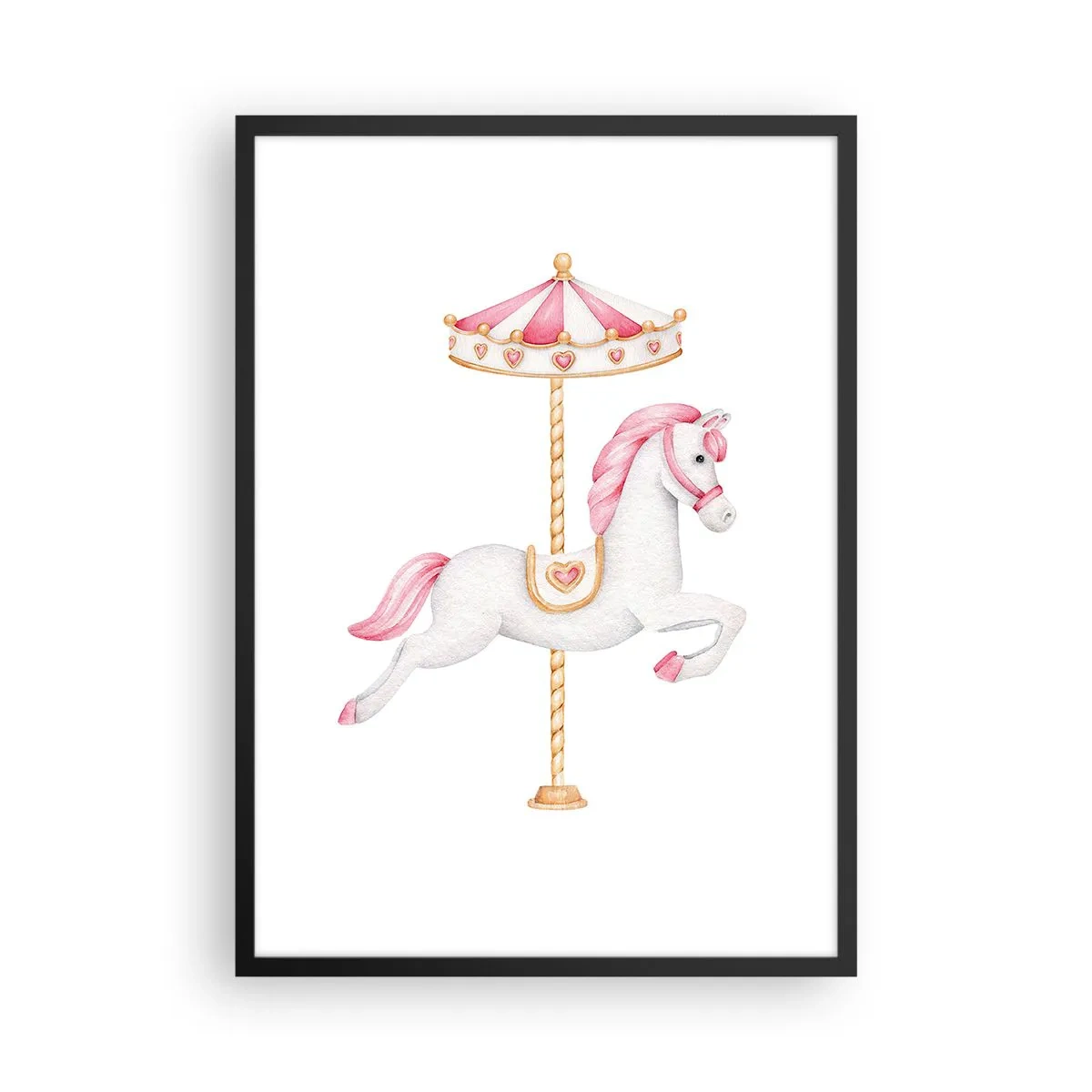 Poster in einem schwarzem Rahmen - Ein charmantes weißes Pferd auf einem Karussell in Pastellfarben - 50x70cm - Er legte los - Moderne Wanddekoration für Wohnzimmer und Schlafzimmer ARTTOR
