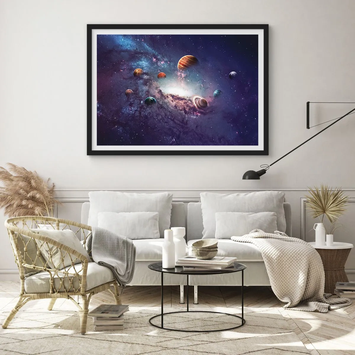 Poster in einem schwarzem Rahmen - Planeten in einer Galaxie mit einem Nebel im Hintergrund - 70x50cm - Solar-Tanz-System - Moderne Wanddekoration für Wohnzimmer und Schlafzimmer ARTTOR