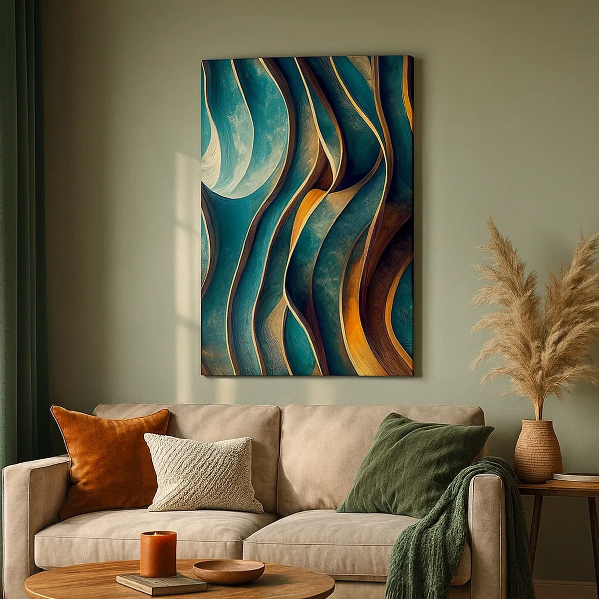 Bild auf Leinwand - Leinwandbild - Abstrakte Wellen in Türkis- und Goldtönen - 50x70cm - Blaue Mäander - Moderne Wanddekoration für Wohnzimmer und Schlafzimmer ARTTOR