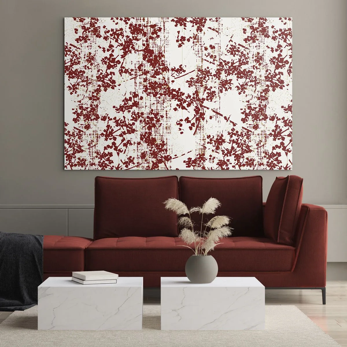 Glasbild - Bild auf glas - Ein Blumenmuster in Rot auf einem hellen, verwitterten Hintergrund - 120x80cm - Wie alter Perkal - Moderne Wanddekoration für Wohnzimmer und Schlafzimmer ARTTOR