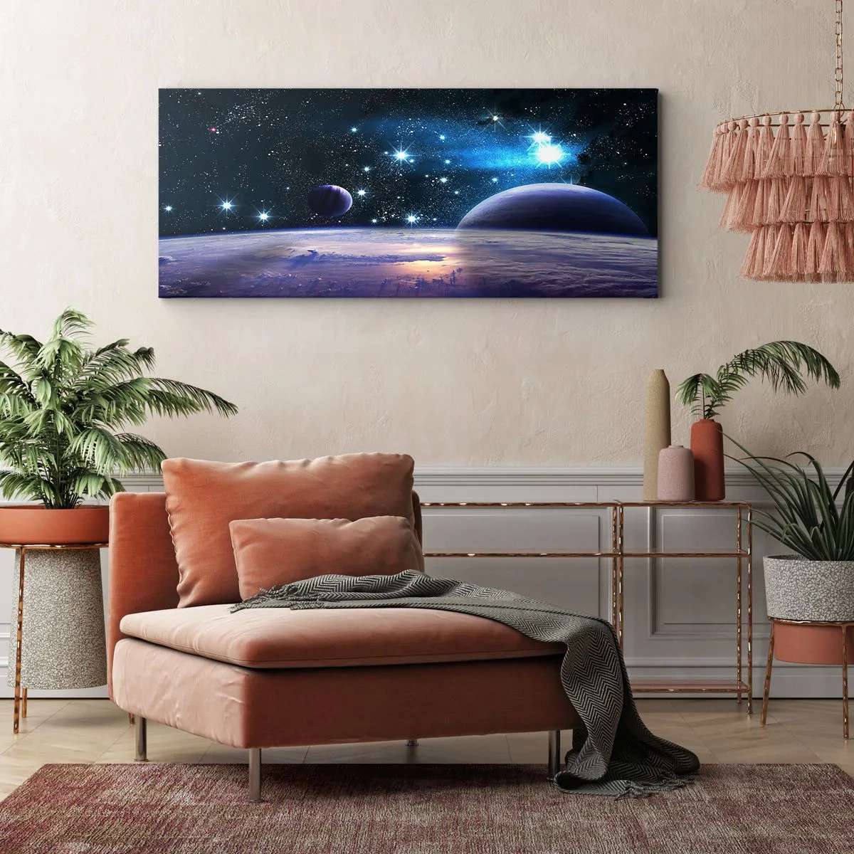 Bild auf Leinwand - Leinwandbild - Ein Blick in den Weltraum mit Planeten und Sternen - 140x50cm - Noch allein? - Moderne Wanddekoration für Wohnzimmer und Schlafzimmer ARTTOR