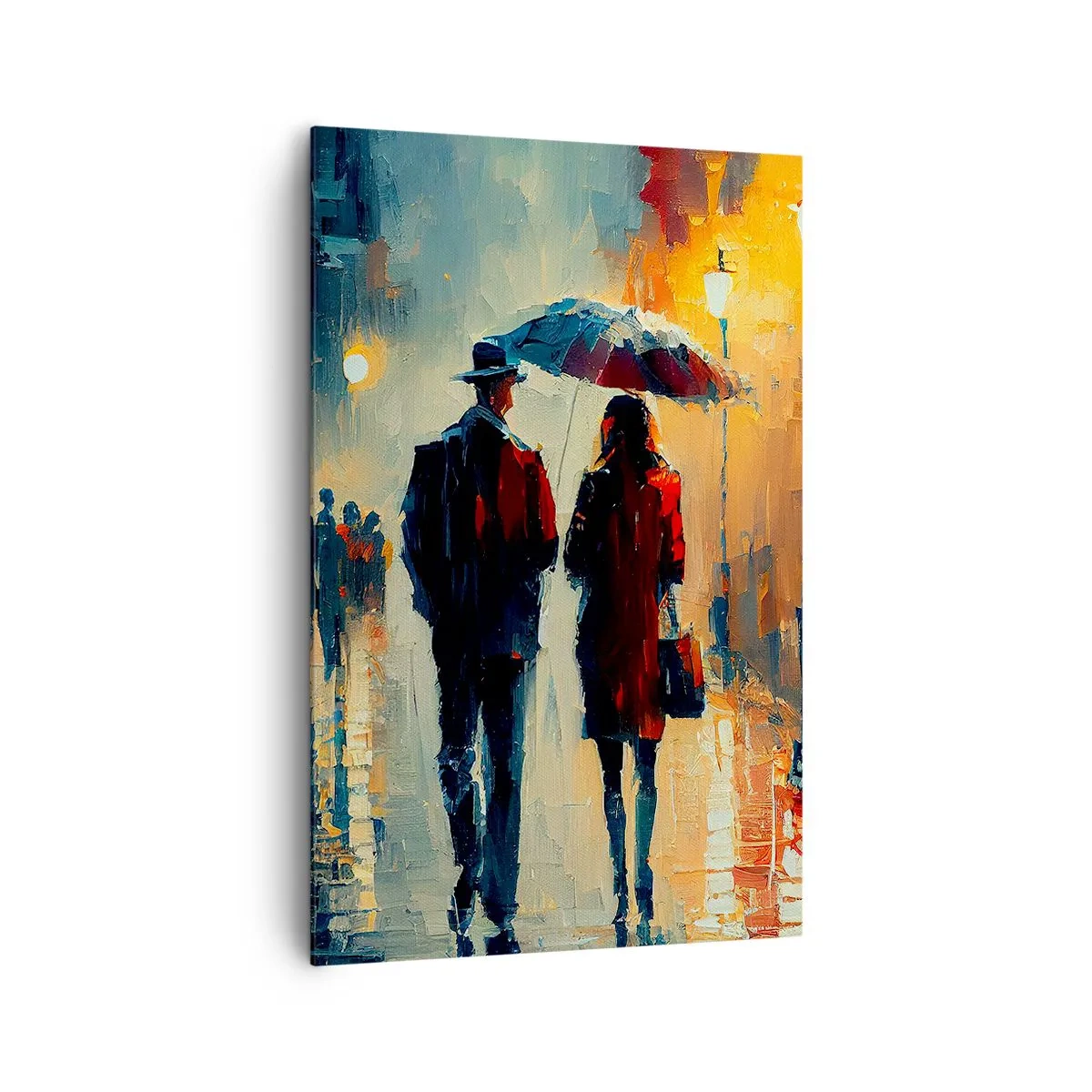 Bild auf Leinwand - Leinwandbild - Nachts im Regen unter einem Regenschirm in der Stadt spazieren gehen - 80x120cm - Urbane Liebesgeschichte - Moderne Wanddekoration für Wohnzimmer und Schlafzimmer ARTTOR