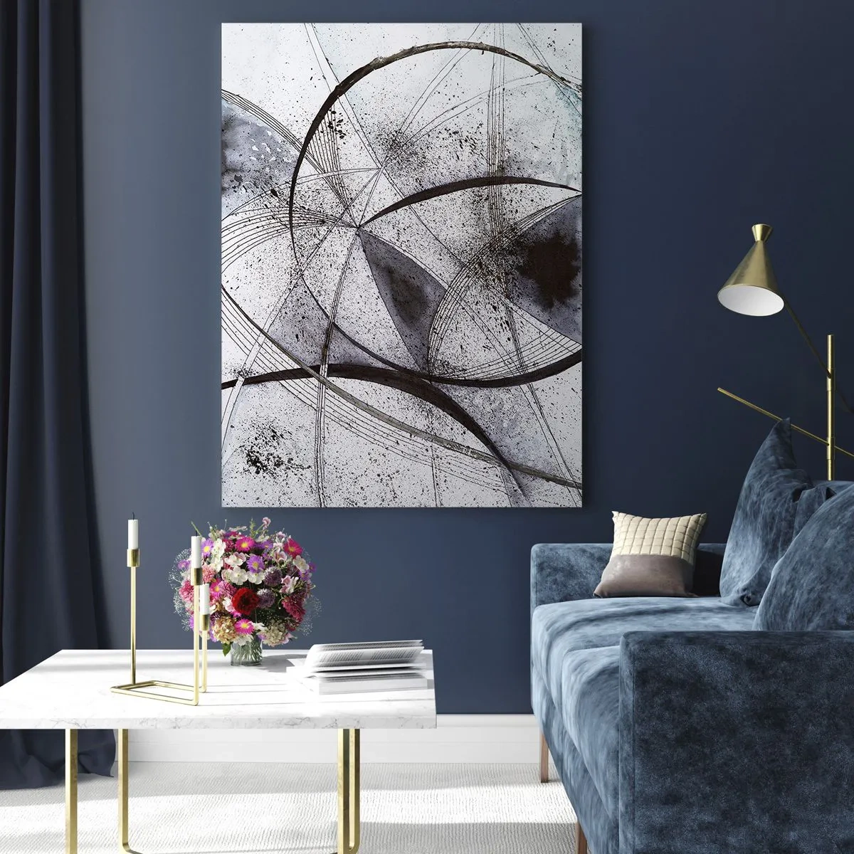 Glasbild - Bild auf glas - Eine Schwarz-Weiß-Komposition aus sich kreuzenden Linien und geometrischen Bögen. - 50x70cm - Futuristische Fantasie - Moderne Wanddekoration für Wohnzimmer und Schlafzimmer ARTTOR