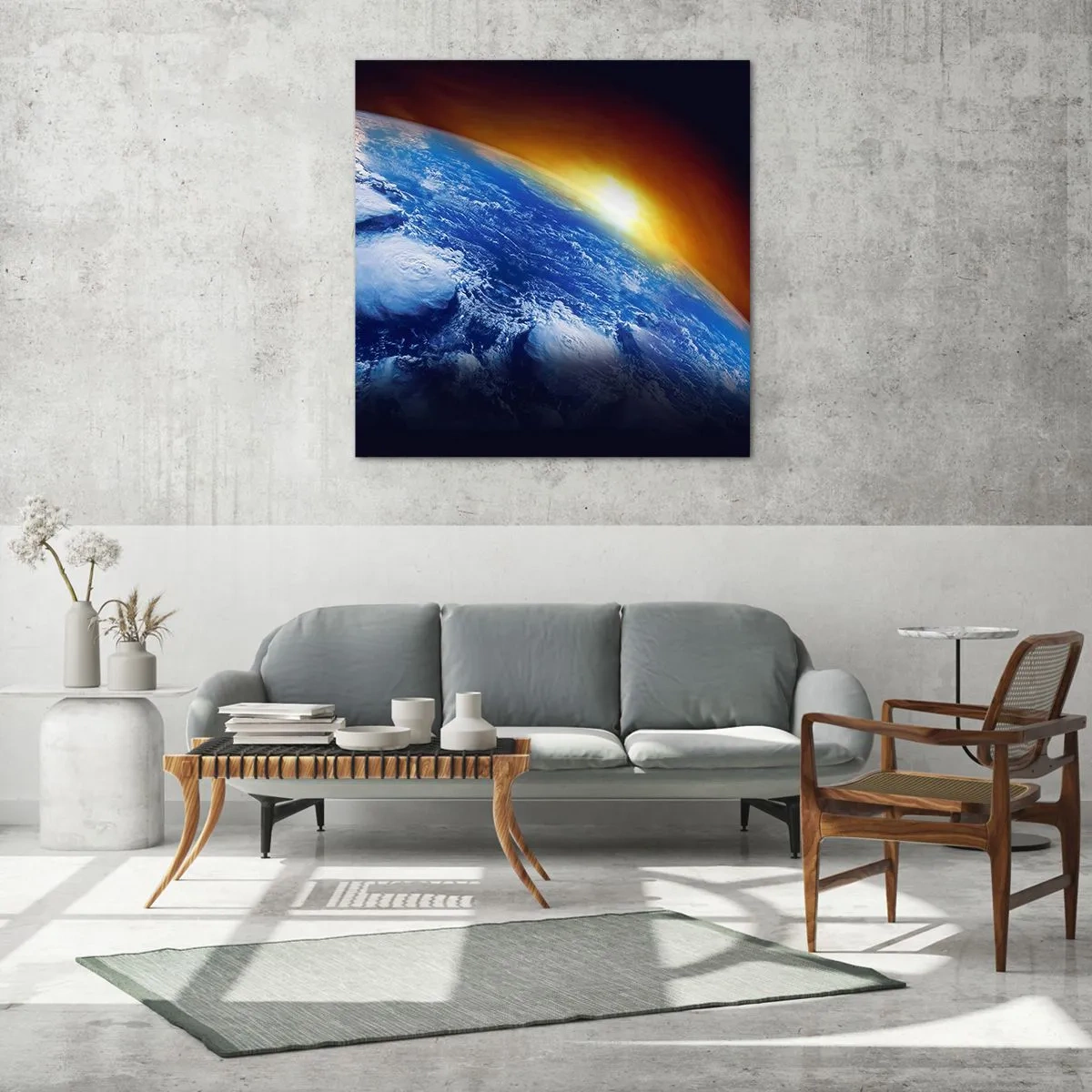 Glasbild - Bild auf glas - Sonnenaufgang über dem blauen Planeten - 50x50 cm