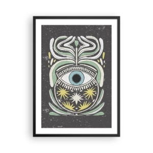 Poster in einem schwarzem Rahmen - Ein symbolisches Auge, umgeben von Pflanzenmustern auf dunklem Hintergrund. - 50x70cm - Stammesrituale - Moderne Wanddekoration für Wohnzimmer und Schlafzimmer ARTTOR