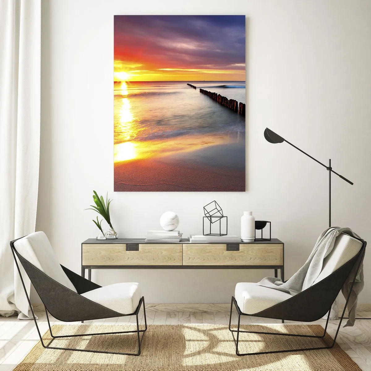 Glasbild - Bild auf glas - Sonnenuntergang über dem Meer mit hölzernen Wellenbrechern - 50x70cm - Lausche der Stille - Moderne Wanddekoration für Wohnzimmer und Schlafzimmer ARTTOR
