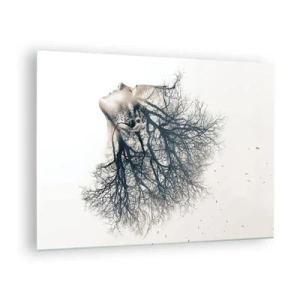 Glasbild - Bild auf glas - Silhouette einer Frau mit Zweigen als Haar - 70x50cm - Dem Rauschen der Bäume lauschen - Moderne Wanddekoration für Wohnzimmer und Schlafzimmer ARTTOR