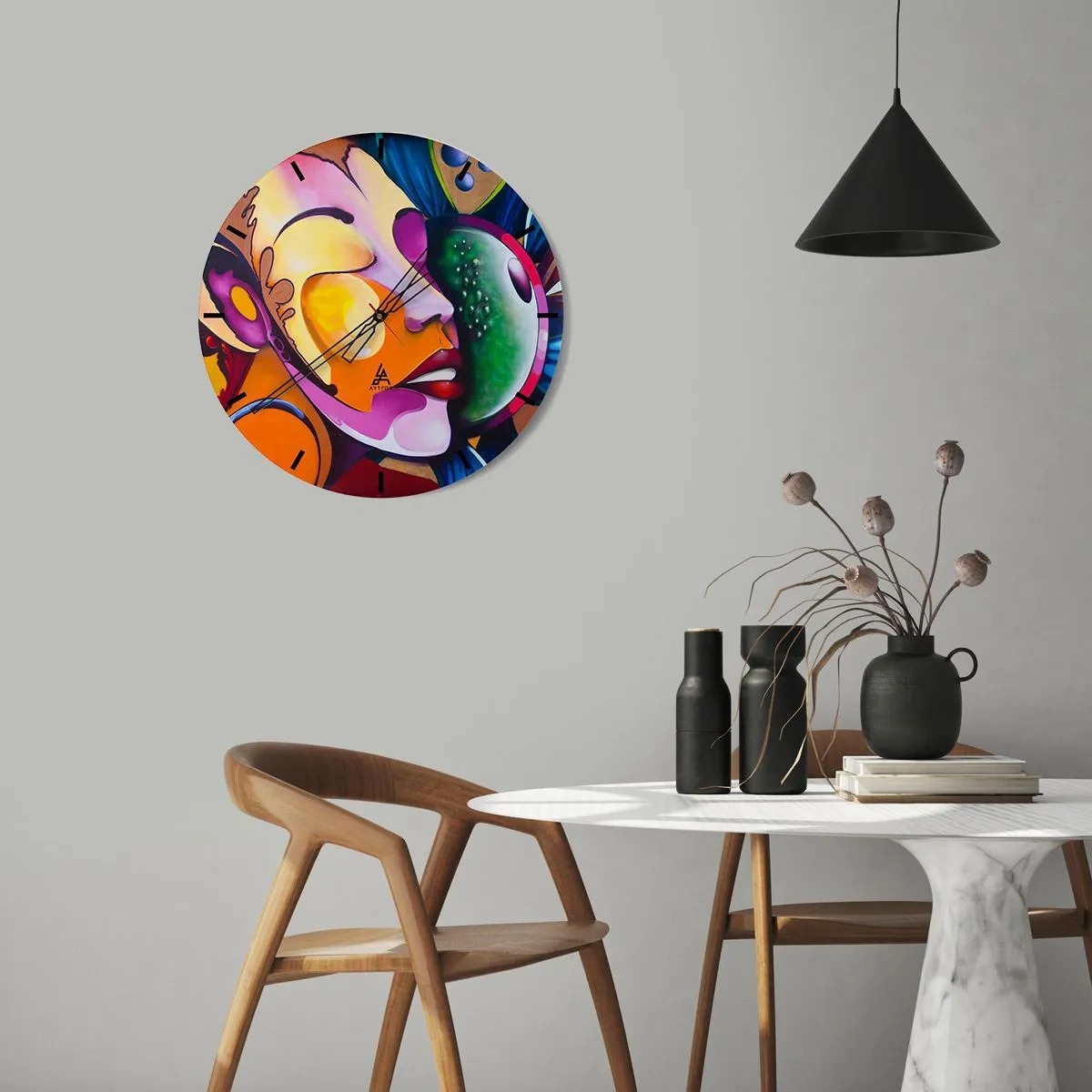 Wanduhr - Glasuhr - Ein abstraktes Porträt in leuchtenden Farben mit surrealen Formen. - 30x30cm - Mit Farbe berühren - Moderne Wanddekoration für Wohnzimmer, Küche und Schlafzimmer ARTTOR