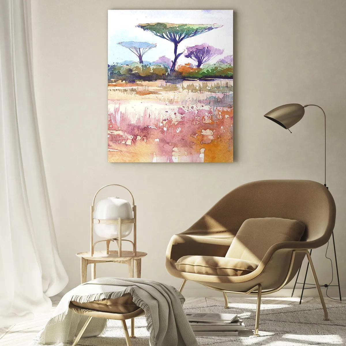 Glasbild - Bild auf glas - Eine malerische Savannenlandschaft in Aquarellfarben - 70x100cm - Savannah-Farben - Moderne Wanddekoration für Wohnzimmer und Schlafzimmer ARTTOR